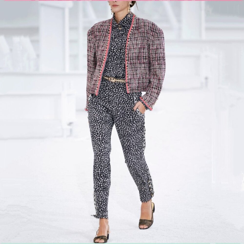 CHANEL 2021 CC Camellia Print Stretch Jeans Size 40 Straight Leg